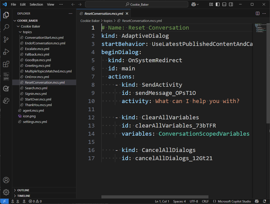 Screenshot of an agent topic open for editing with the Copilot Studio extension in Visual Studio code